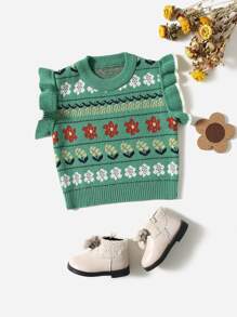 SHEIN Young Girl Floral Pattern Ruffle Armhole Sweater Vest - Green - View 1