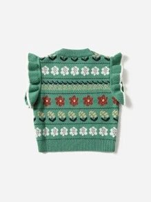 SHEIN Young Girl Floral Pattern Ruffle Armhole Sweater Vest - Green - View 2