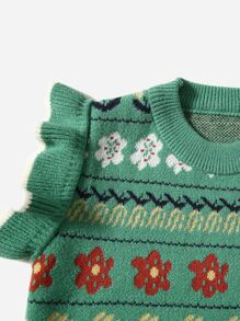 SHEIN Young Girl Floral Pattern Ruffle Armhole Sweater Vest - Green - View 3