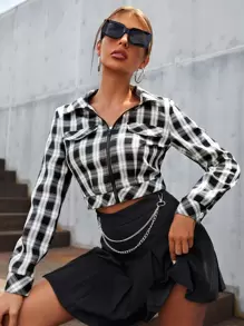 SHEIN Privé Tartan Flap Detail Zipper Crop Jacket - Black and White - View 1