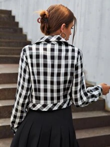 SHEIN Privé Tartan Flap Detail Zipper Crop Jacket - Black and White - View 2