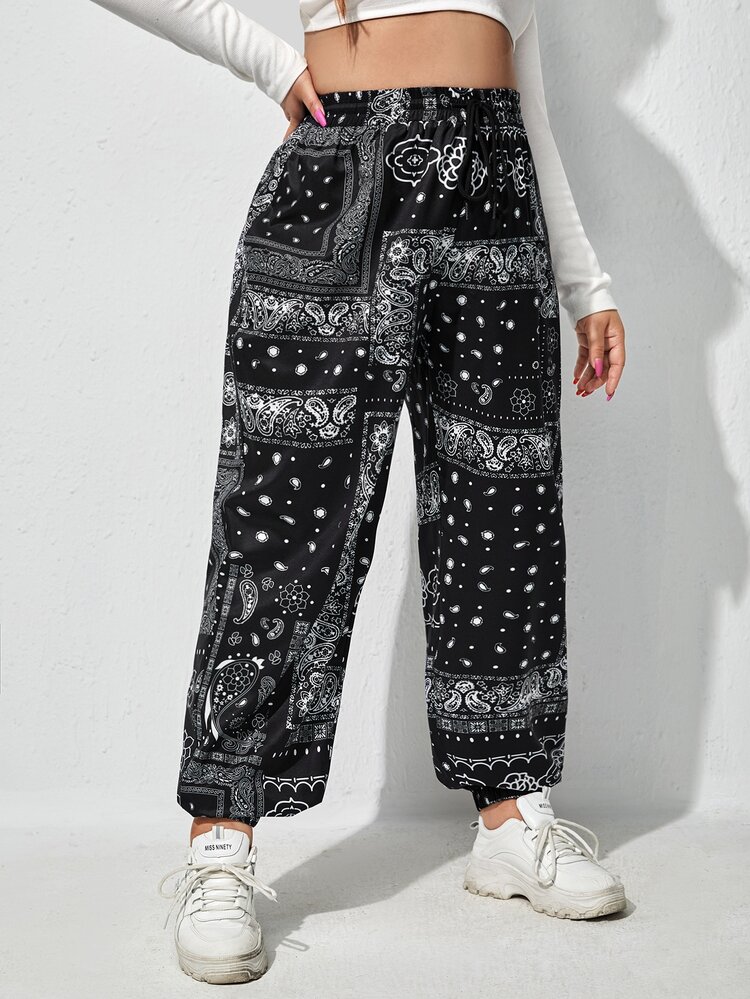 Pantalones con estampado de paisley y pañuelo de cintura con cordón - Blanco y Negro - Añade 3