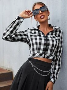 SHEIN Privé Tartan Flap Detail Zipper Crop Jacket - Black and White - View 3