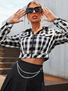 SHEIN Privé Tartan Flap Detail Zipper Crop Jacket - Black and White - View 5