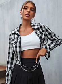 SHEIN Privé Tartan Flap Detail Zipper Crop Jacket - Black and White - View 6