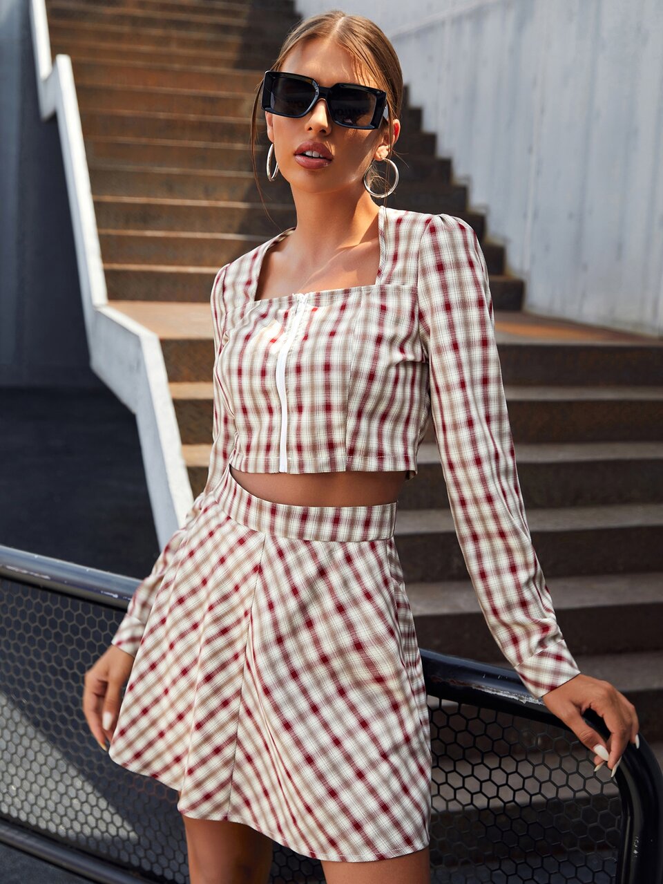Tartan Square Neck Crop Top & Flare Skirt