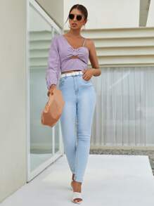 SHEIN VCAY 不規則肩帶扣細節上衣 - 紫丁香色 - 查看 3