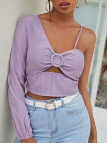 SHEIN VCAY 不規則肩帶扣細節上衣 - 紫丁香色 - 查看 4