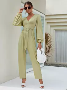 SHEIN Plunge Neck Lantern Sleeve Belted Jumpsuit - Mint Green - View 1