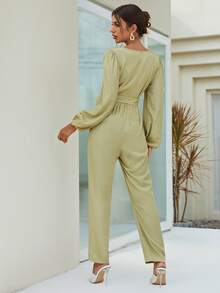 SHEIN Plunge Neck Lantern Sleeve Belted Jumpsuit - Mint Green - View 2