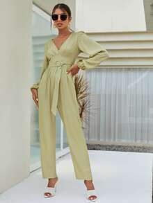 SHEIN Plunge Neck Lantern Sleeve Belted Jumpsuit - Mint Green - View 3