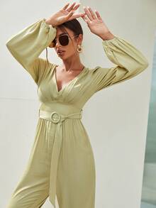 SHEIN Plunge Neck Lantern Sleeve Belted Jumpsuit - Mint Green - View 4