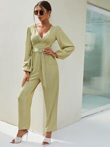 SHEIN Plunge Neck Lantern Sleeve Belted Jumpsuit - Mint Green - View 5