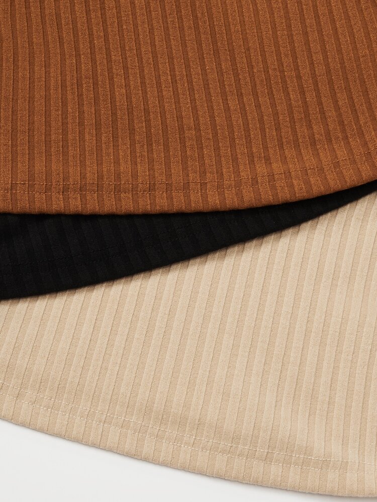 Plus 3pcs Solid Rib-Knit V Neck Tee Fall Cloth For Women