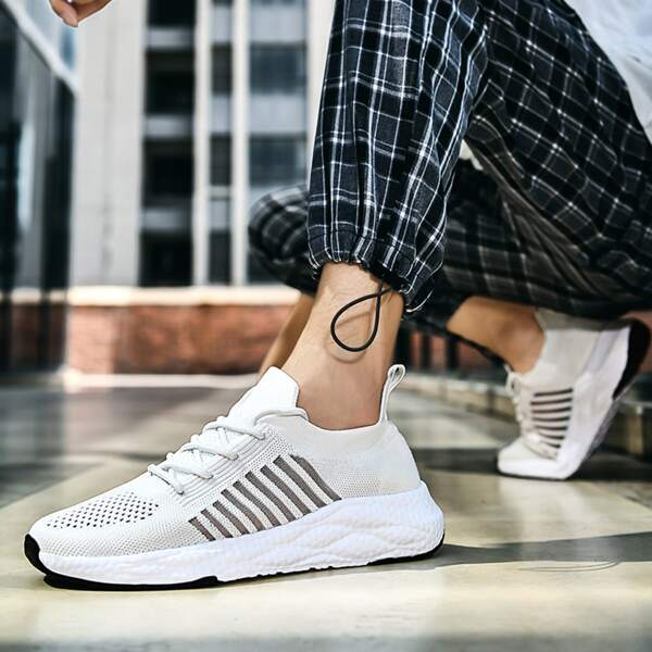 

Men Striped Pattern Lace Up Front Sneakers, White