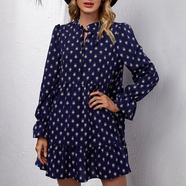 

Allover Print Tie Neck Flounce Sleeve Dress, Navy blue
