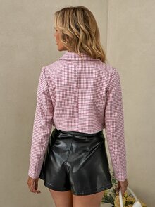 Houndstooth Lapel Collar Crop Overcoat - Red and White - View 2