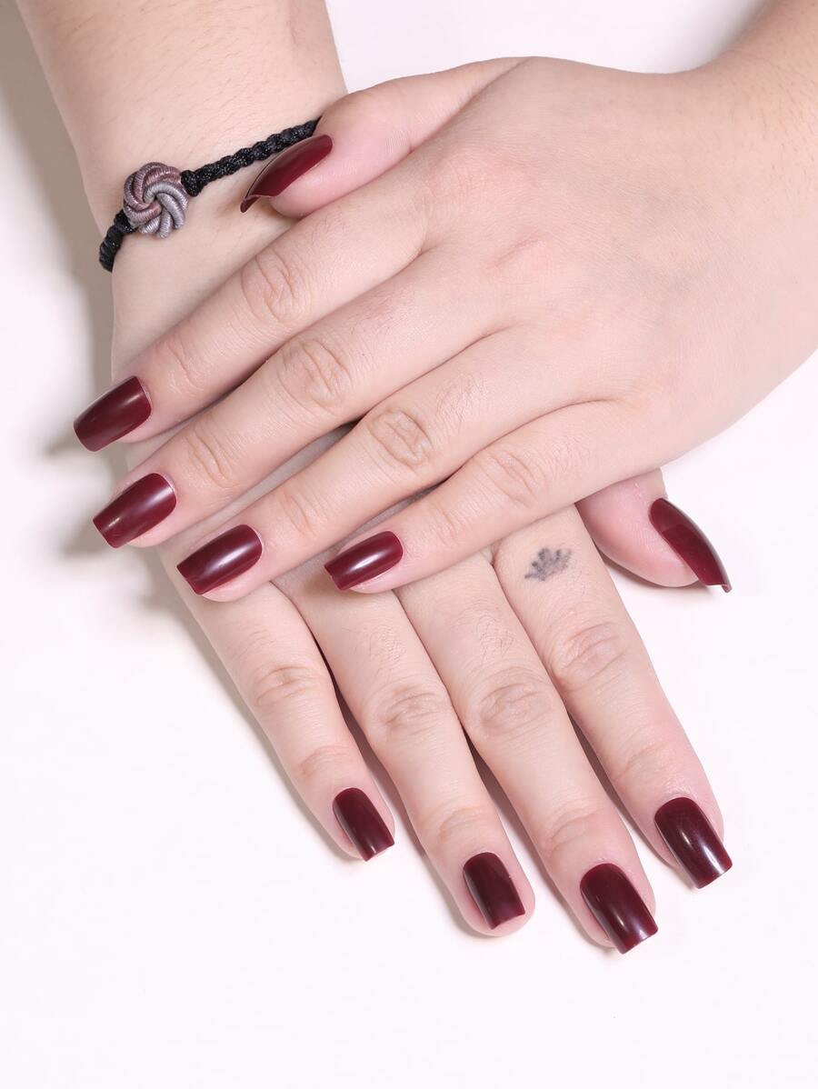 方形酒紅色固體光澤假指甲，假甲，中號光澤壓克力全套修飾假指甲套裝壓克力指甲產品升級您的造型 - 酒紅色 - 查看 1