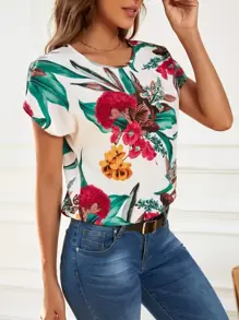 SHEIN LUNE Floral Print Batwing Sleeve Blouse - Multicolor - View 3