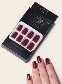 方形酒紅色固體光澤假指甲，假甲，中號光澤壓克力全套修飾假指甲套裝壓克力指甲產品升級您的造型 - 酒紅色 - 查看 2