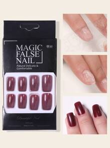 方形酒紅色固體光澤假指甲，假甲，中號光澤壓克力全套修飾假指甲套裝壓克力指甲產品升級您的造型 - 酒紅色 - 查看 3