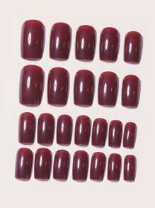 方形酒紅色固體光澤假指甲，假甲，中號光澤壓克力全套修飾假指甲套裝壓克力指甲產品升級您的造型 - 酒紅色 - 查看 4