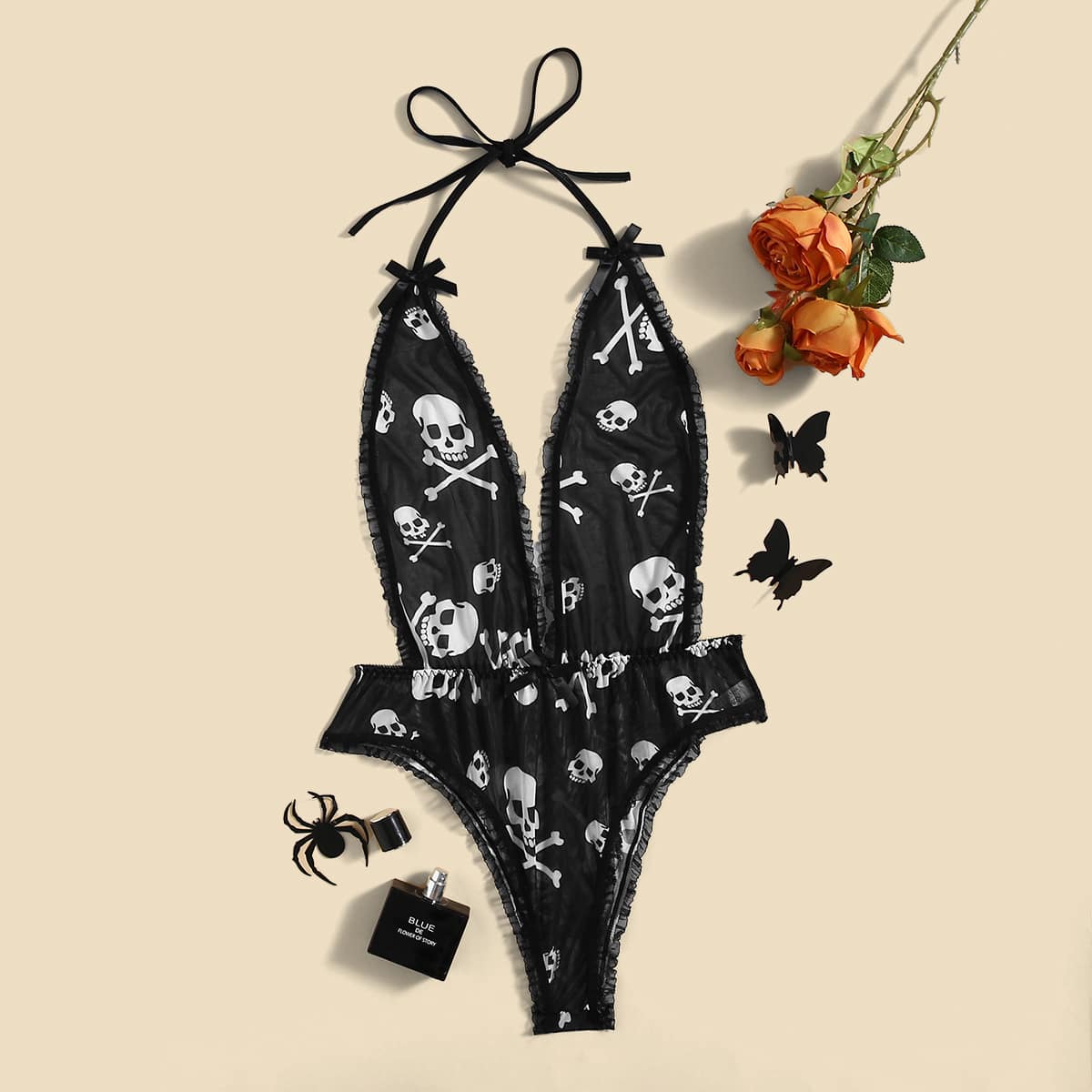 

Skull Print Sheer Mesh Plunging Teddy Bodysuit, Black and white