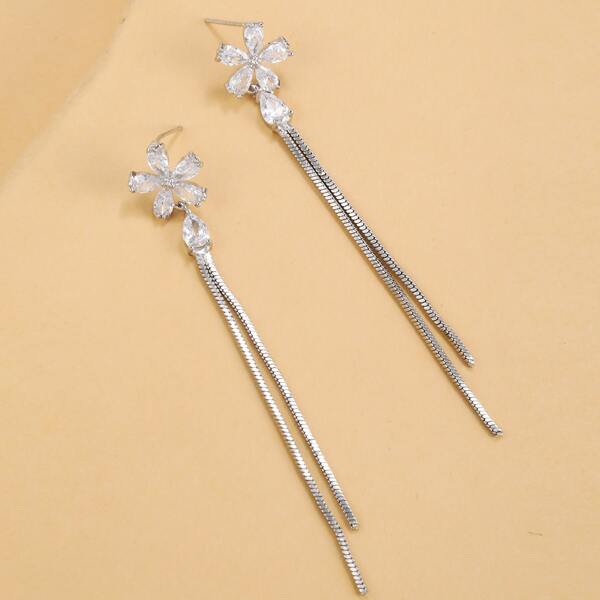 

Flower Decor Drop Earrings, Silver