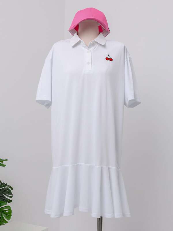 DAZY 櫻桃刺繡落肩袖荷葉邊連衣裙