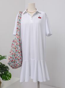 DAZY 櫻桃刺繡落肩袖荷葉邊連衣裙 - 白色 - 查看 3