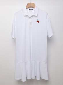 DAZY 櫻桃刺繡落肩袖荷葉邊連衣裙 - 白色 - 查看 4