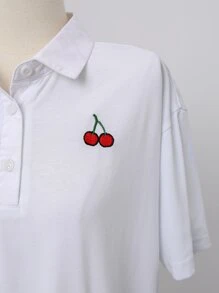 DAZY 櫻桃刺繡落肩袖荷葉邊連衣裙 - 白色 - 查看 6