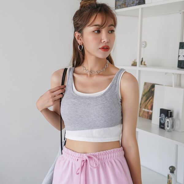 

Two Tone Crop Ribbed Knit Tank Top, Multicolor