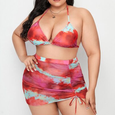 3pack Plus Tie Dye Triangle Bikini Swimsuit & Beach Skirt