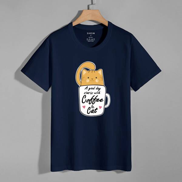 

Cat And Slogan Graphic Tee, Navy blue
