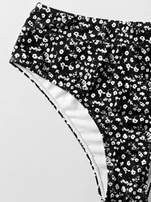 SHEIN Swim Ditsy Floral High Waisted Bikini, For Summer Beach Vacation - Black and White - View 3