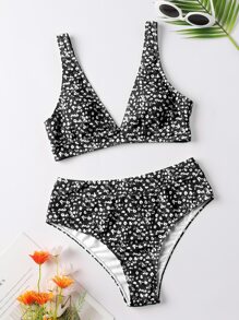 SHEIN Swim Ditsy Floral High Waisted Bikini, For Summer Beach Vacation - Black and White - View 5