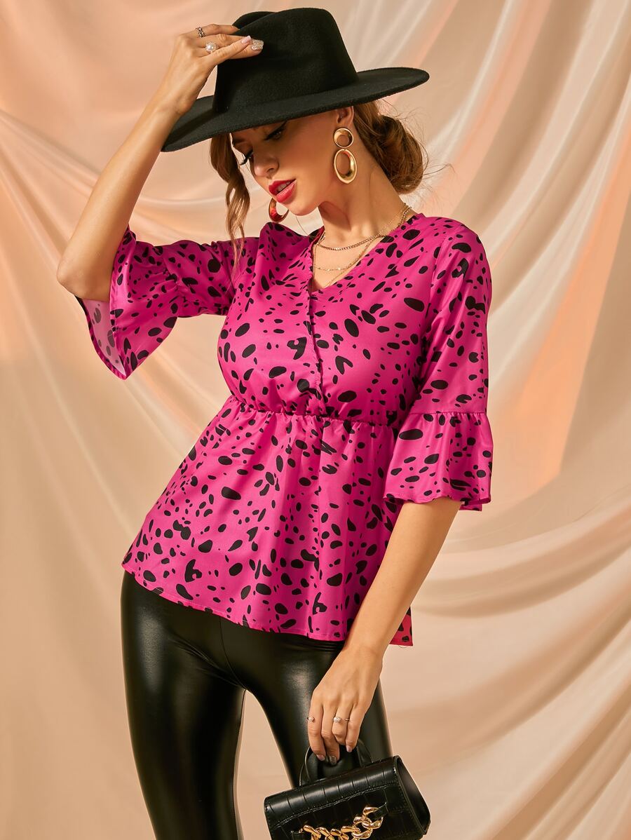 Modelyn 滿版印花荷葉邊下擺襯衫 - 玫紅色 - 查看 1