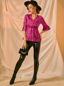 Modelyn 滿版印花荷葉邊下擺襯衫 - 玫紅色 - 查看 3