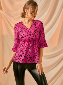 Modelyn 滿版印花荷葉邊下擺襯衫 - 玫紅色 - 查看 5