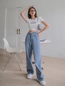 DAZY Quần jean ống rộng lưng cao - Rửa nhẹ - Xem 3