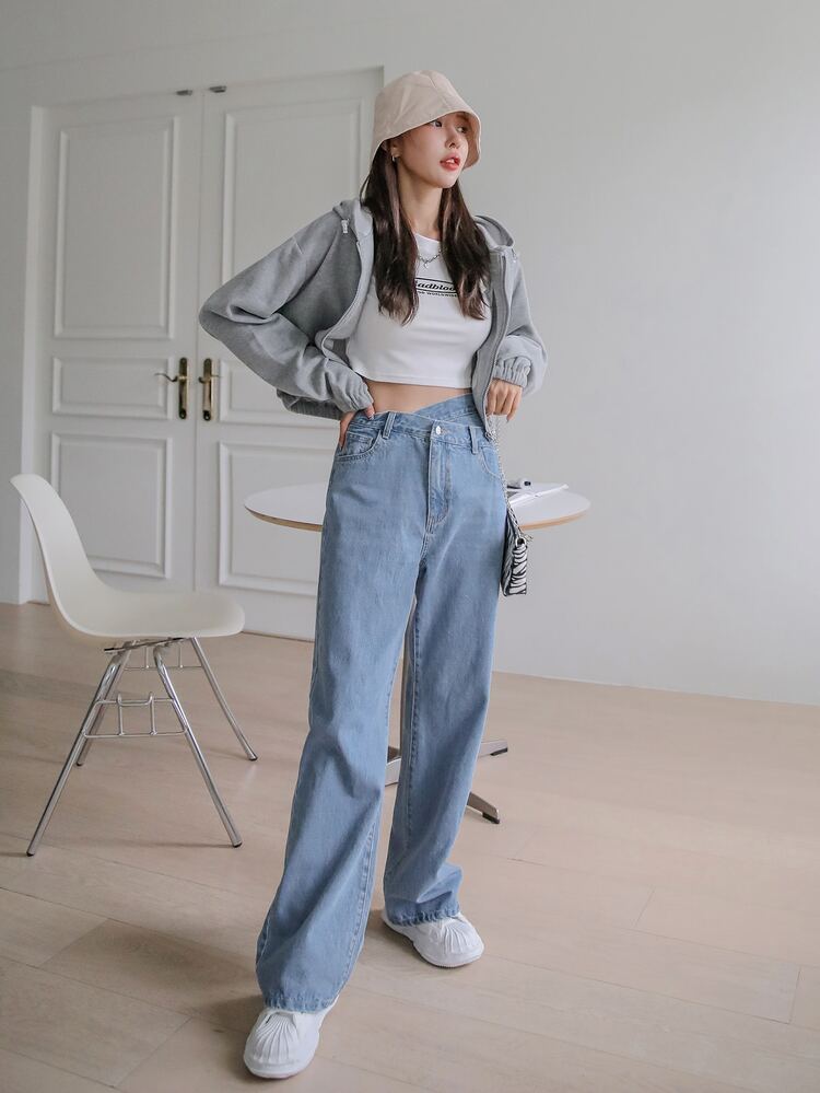 DAZY Quần jean ống rộng lưng cao - Rửa nhẹ - Xem 6