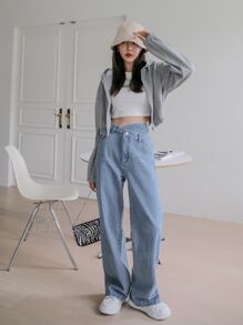 DAZY Quần jean ống rộng lưng cao - Rửa nhẹ - Xem 7