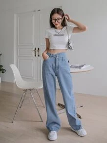 DAZY Quần jean ống rộng lưng cao - Rửa nhẹ - Xem 8