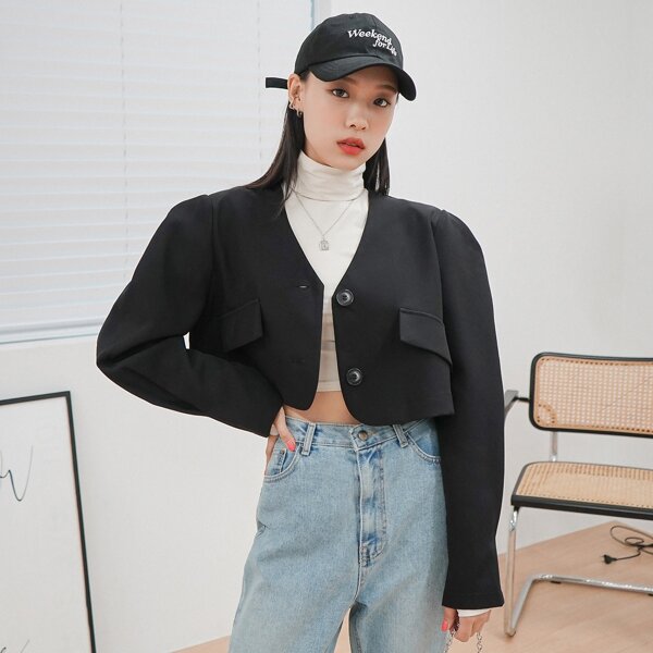 

Solid Flap Detail Crop Blazer, Black