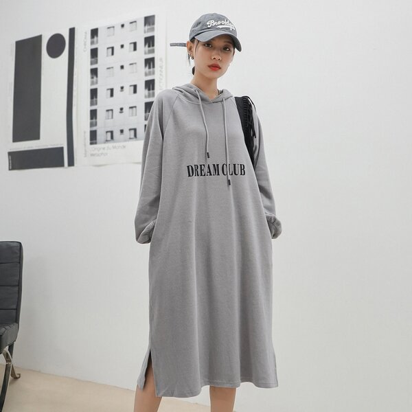 

Letter Graphic Split Hem Raglan Sleeve Drawstring Hoodie Dress, Grey