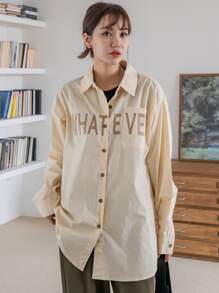 DAZY 字母图案落肩衬衫，秋装长袖上衣 - 卡其色 - 查看 1