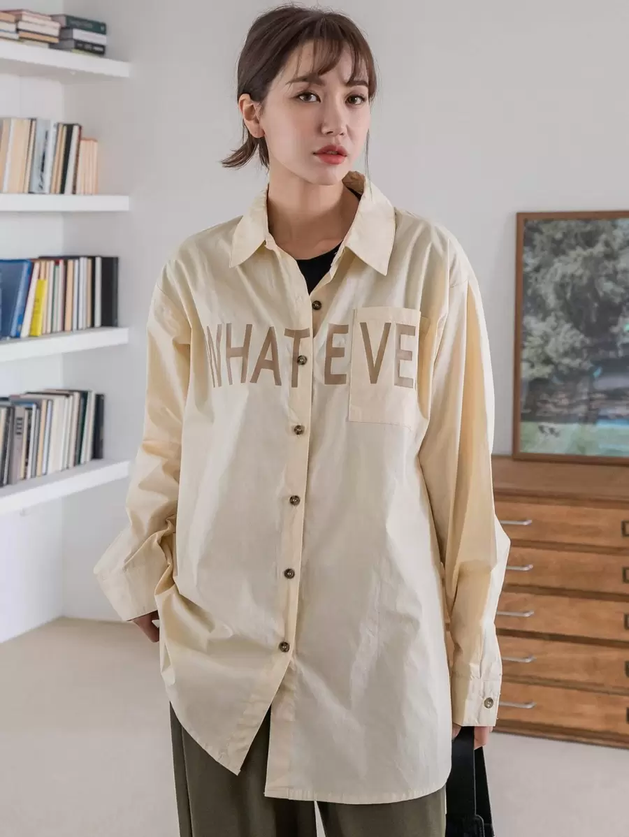 DAZY 字母图案落肩衬衫，秋装长袖上衣 - 卡其色 - 查看 1