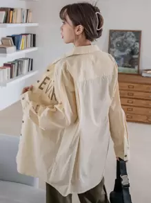 DAZY 字母图案落肩衬衫，秋装长袖上衣 - 卡其色 - 查看 2