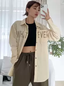 DAZY 字母图案落肩衬衫，秋装长袖上衣 - 卡其色 - 查看 3